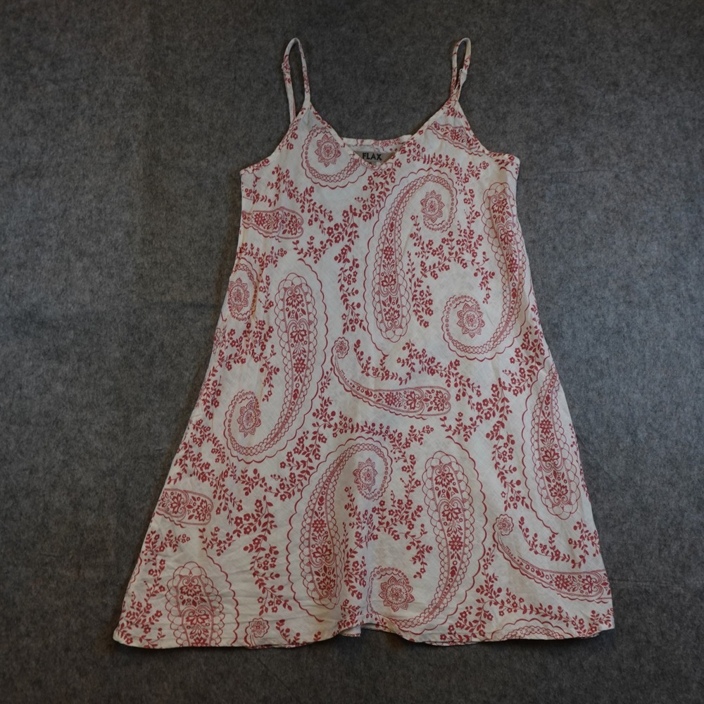 FLAX Dress Women Small‎ White Red Paisley Linen Slip Adjustable Strap Lagenlook
